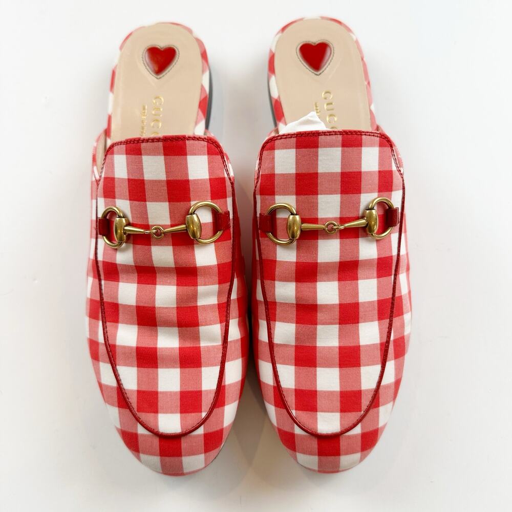 Gucci Princetown Mule Red White Plaid Gold Horsebit Vichy Checkered Size 37 US 7 - Picture 3 of 14